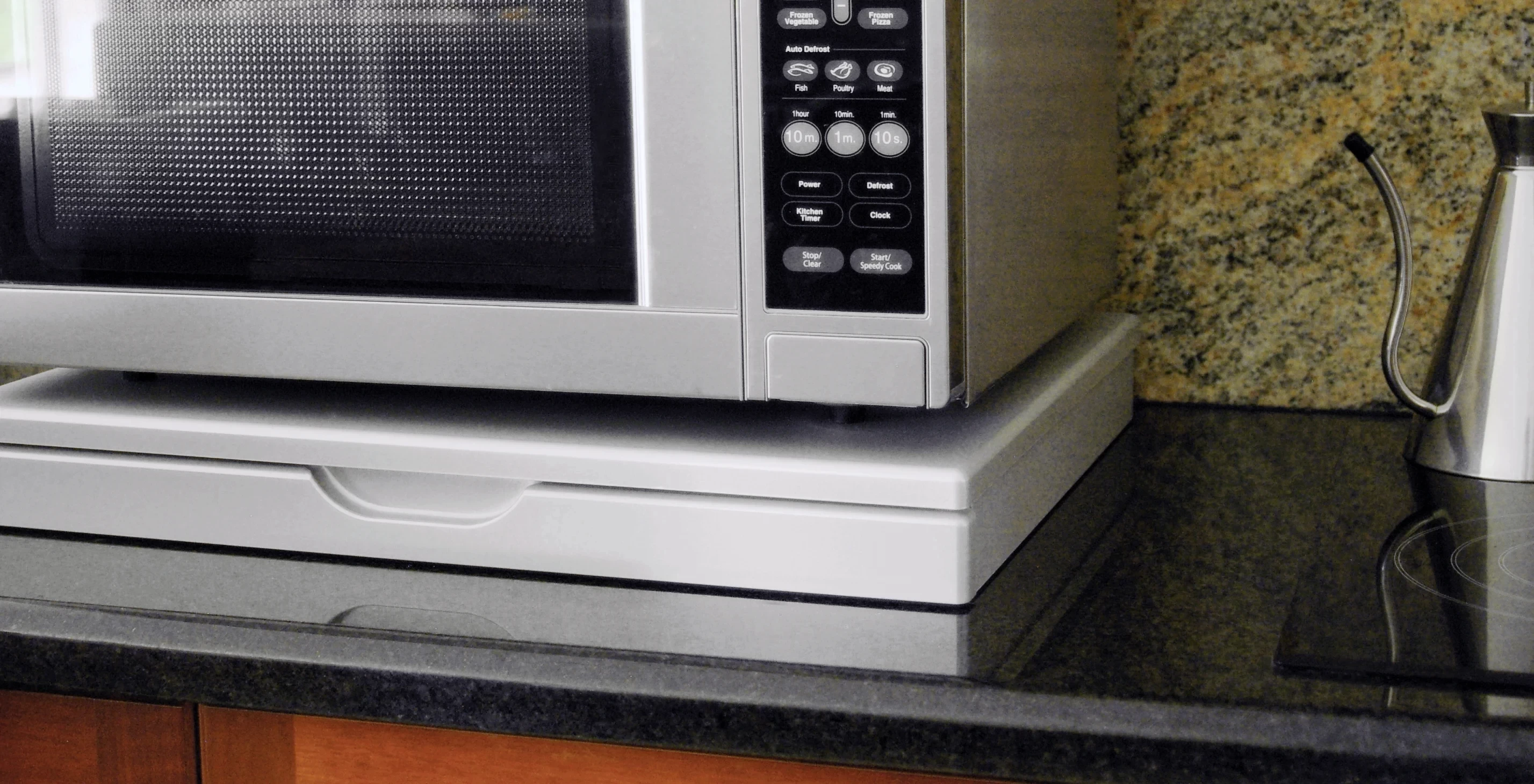 Our microwave shelf, the 598mm wide stainless steel look microwave stealth shelf
